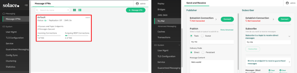 Solace Try Me interface showing publisher and subscriber testing tools